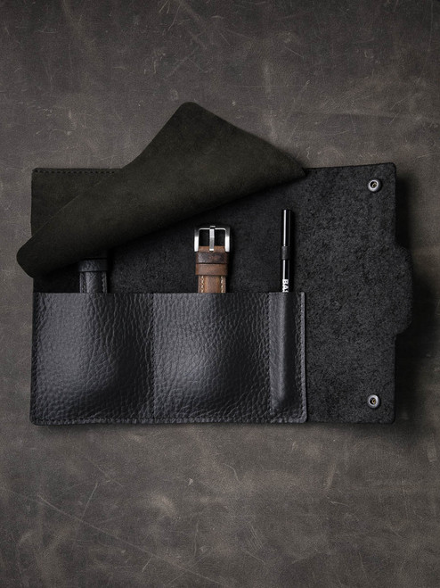 Black Pebbled Handcrafted Leather Watch Roll Black Pebbled Handcrafted Leather Watch Roll