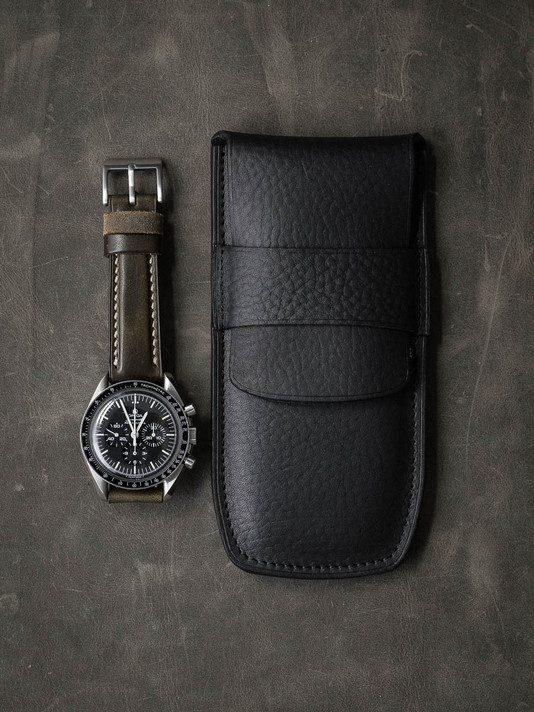 Bas and Lokes Black Textured Handcrafted Leather Watch Pouch
