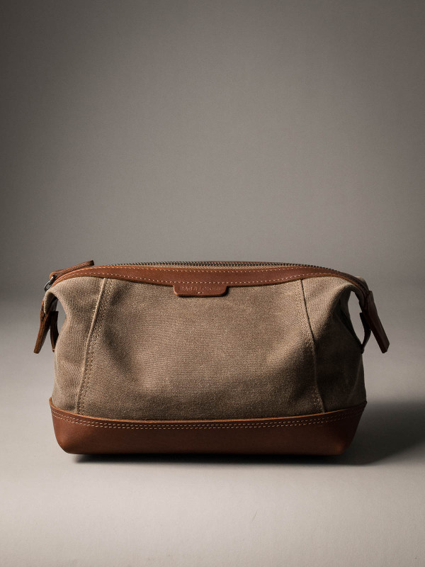 Tan and Brown Canvas and Leather Toiletry Bag Bas and Lokes