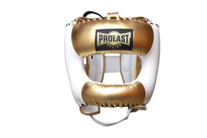 Prolast Face Saver Leather Boxing Headgear with Nylon Face Bar - Gold/ White Color Prolast Face Saver Leather Boxing Headgear with Nylon Face Bar - Gold/ White Color