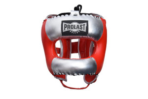 Prolast Face Saver Leather Boxing Headgear with Nylon Face Bar - Red/ Silver Color Prolast Face Saver Leather Boxing Headgear with Nylon Face Bar - Red/ Silver Color