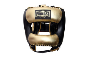 Prolast Face Saver Leather Boxing Headgear with Nylon Face Bar - Gold/ Black Color Prolast Face Saver Leather Boxing Headgear with Nylon Face Bar - Gold/ Black Color
