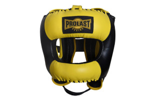 Prolast Face Saver Leather Boxing Headgear with Nylon Face Bar - Yellow/ Black Color Prolast Face Saver Leather Boxing Headgear with Nylon Face Bar - Yellow/ Black Color