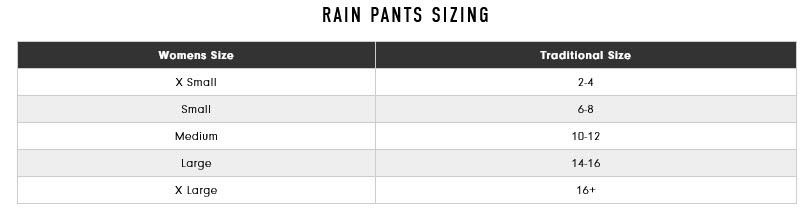 FJ Women's Rain Pant Sizing