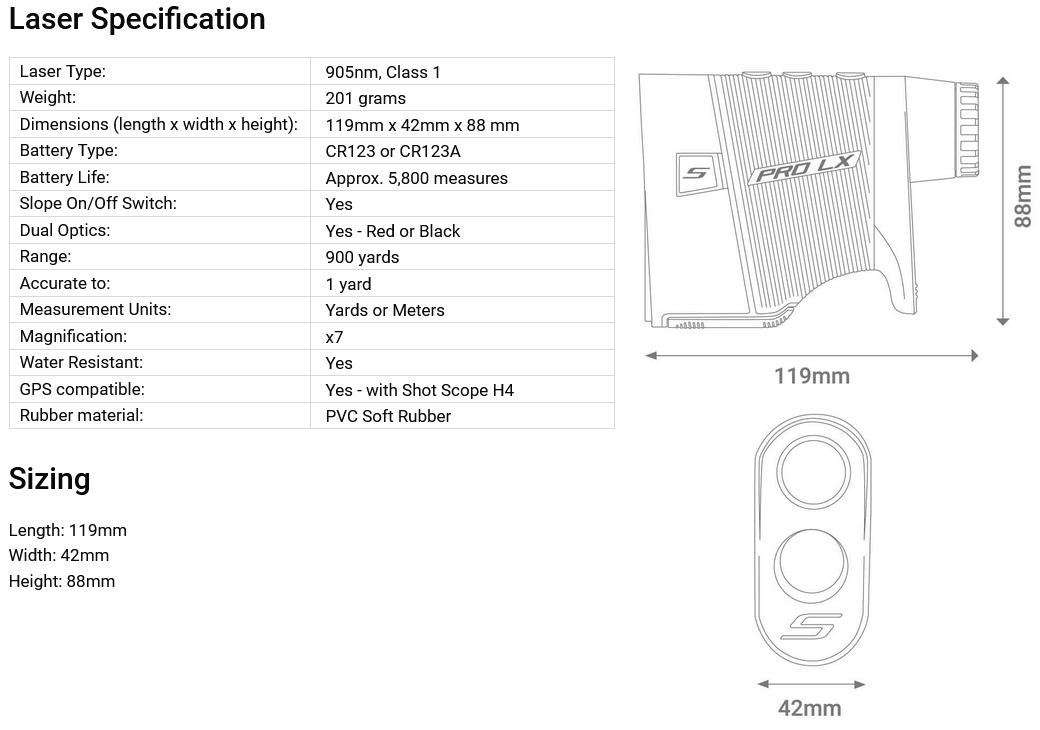 Shot Scope PRO LX Laser Rangefinder 25 Pro LX Specs