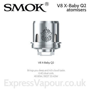 3 pack - TFV8 X-BABY Q2 atomisers. 0.4ohm dual coil. Ideal is 55 to 65W.