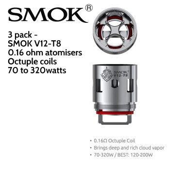 3 pack - SMOK V12-T8 octuple coil atomisers - 0.16 ohm. 70 to 320 watts. For the SMOK Cloud Beast King TFV12 tank. 3 pack - SMOK V12-T8 octuple coil atomisers - 0.16 ohm. 70 to 320 watts. For the SMOK Cloud Beast King TFV12 tank.
