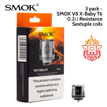 3 pack - SMOK V8 X-Baby T6 Sextuple coils 0.2 ohm. 40 to 130 watts. Japanese organic cotton wick. Fits the Smok X-Baby vape tank. 3 pack - SMOK V8 X-Baby T6 Sextuple coils 0.2 ohm. 40 to 130 watts. Japanese organic cotton wick. Fits the Smok X-Baby vape tank.
