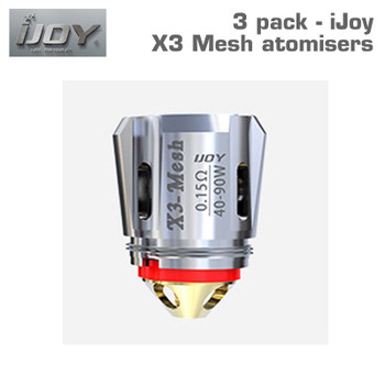 Pack of 3 iJoy X3 mesh atomisers 0.15 ohm, 40 to 90 watts. Cotton and wood pulp wicking material. Pack of 3 iJoy X3 mesh atomisers 0.15 ohm, 40 to 90 watts. Cotton and wood pulp wicking material.
