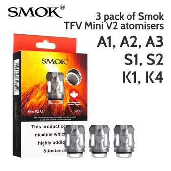 3 pack -SMOK TFV Mini V2 atomisers A1, A2, A3, S1, S2, K1, K4 3 pack -SMOK TFV Mini V2 atomisers A1, A2, A3, S1, S2, K1, K4