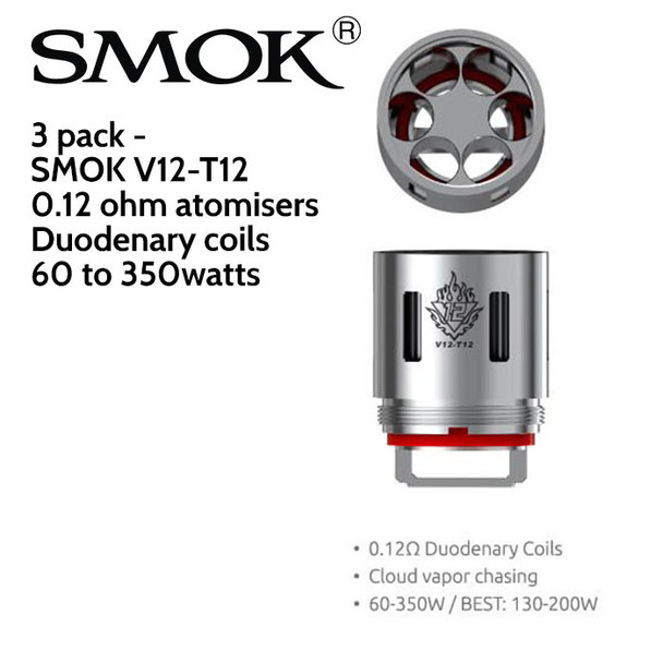 3 pack - SMOK V12-T12 duodenary coil atomisers - 0.12 ohm. 60 to 350 watts. For the SMOK Cloud Beast King TFV12 tank.