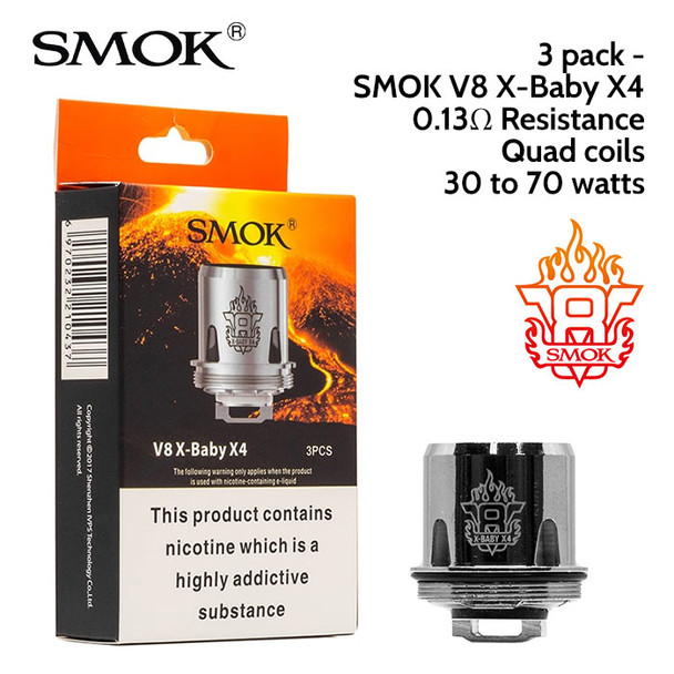 3 pack - SMOK V8 X-Baby X4 quad coil atomisers 0.13 ohm. 30 to 70 watts. Japanese organic cotton wick. Fits the Smok X-Baby vape tank.