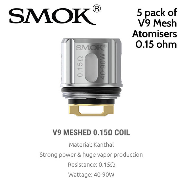 5 pack of SMOK V9 Mesh 0.15ohm atomisers to fit the SMOK TFV9 tank