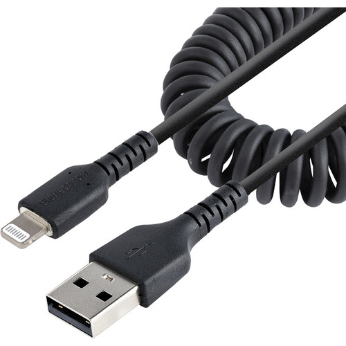 StarTech.com 50cm/20in USB to Lightning Cable, MFi Certified, Coiled iPhone Charger Cable, Black, Durable TPE Jacket Aramid Fiber RUSB2ALT50CMBC