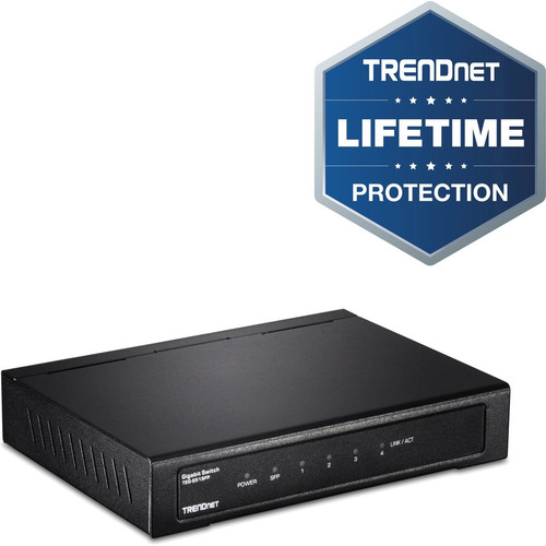 TRENDnet 4-Port Gigabit Switch With SFP Slot, 10 Gbps Switching Capacity, Fanless, 802.1p QoS, Rear Facing Ports, Metal Housing, Network Ethernet Switch, Lifetime Protection, Black, TEG-S51SFP TEG-S51SFP