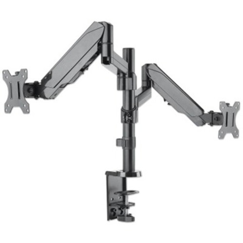 Manhattan TV & Monitor Mount, Desk, Full Motion (Gas Spring), 2 screens, Screen Sizes: 10-27" , Black, Clamp or Grommet Assembly, Dual Screen, VESA 75x75 to 100x100mm, Max 8kg (each), Lifetime Warranty 461597