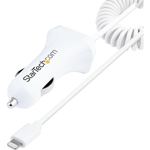 StarTech.com Lightning Car Charger with Coiled Cable, 1m Built-in Cable, 12W, White, 2 Port USB Car Charger Adapter, In Car iPhone Charger USBLT2PCARW2