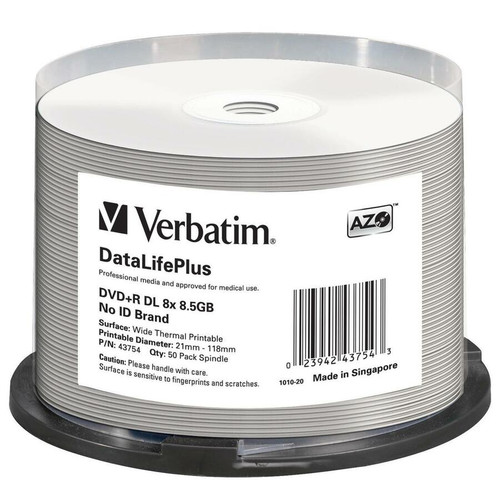Verbatim DVD+R DL 8.5GB 8X DataLifePlus White Thermal Printable, Hub Printable - 50pk Spindle 43754