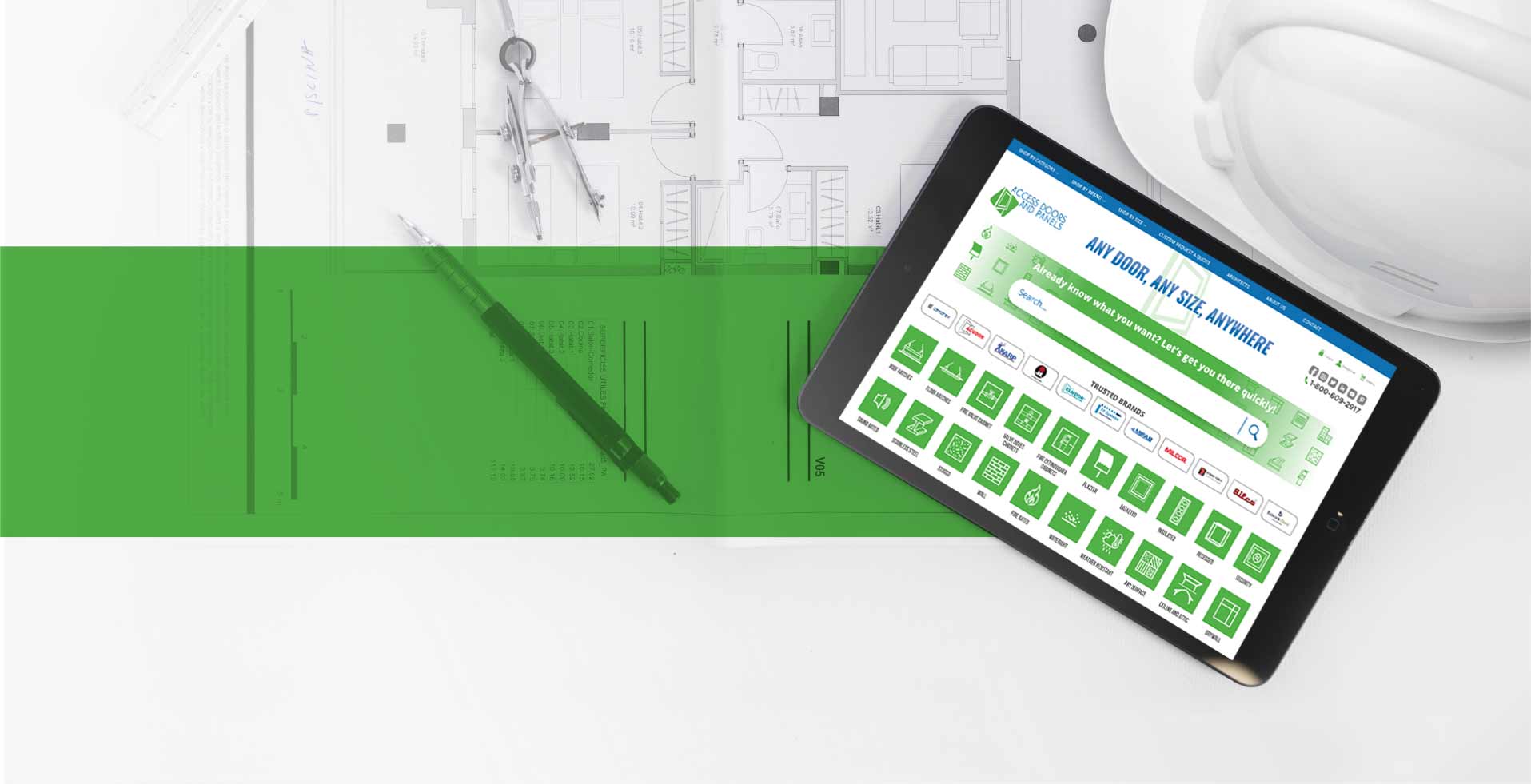 Contractor plan in backgrounds, a tablet, and a text that when you work with access doors and panels you're in good hands.