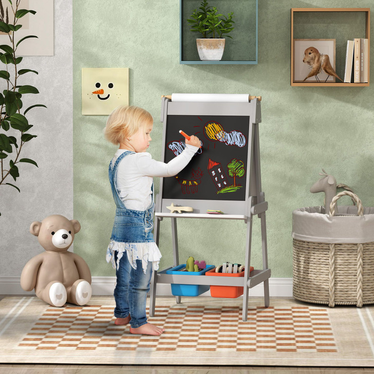 Qaba Childs Art Easel, Standing Easel w/ Paper Roll, Double Sided Magnetic Whiteboard & Chalkboard, Painting Gifts for Ages 3-8