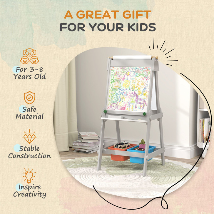 Qaba Childs Art Easel, Standing Easel w/ Paper Roll, Double Sided Magnetic Whiteboard & Chalkboard, Painting Gifts for Ages 3-8