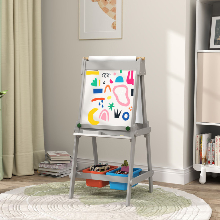 Qaba Childs Art Easel, Standing Easel w/ Paper Roll, Double Sided Magnetic Whiteboard & Chalkboard, Painting Gifts for Ages 3-8