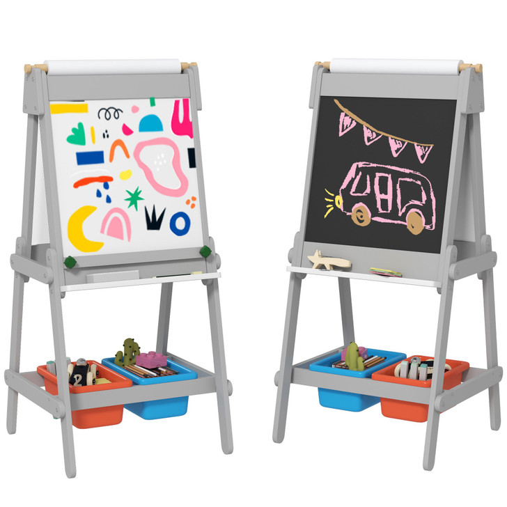 Qaba Childs Art Easel, Standing Easel w/ Paper Roll, Double Sided Magnetic Whiteboard & Chalkboard, Painting Gifts for Ages 3-8