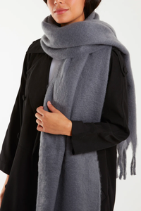 Plain Tassel Fluffy Scarf - Grey