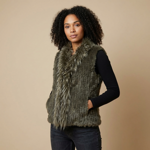 Short Khaki Rabbit and Fox Fur Gilet  FF46A-11