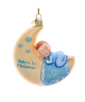 GLASS BABY'S 1ST BOY ON MOON ORNAMENT - NBX0099