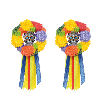 Set of 2, colorful wreaths with skulls can be placed anywhere in your Village display. This general accessory is hand-crafted, hand-painted, resin.