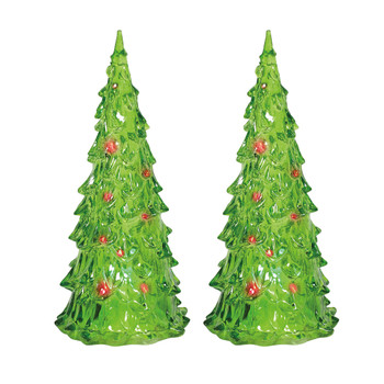 Set of 2 Village trees add to your Village display. Green, clear, trees light with color changing lights. This Village tree set is hand-crafted, acrylic. Battery box included, button batteries required.