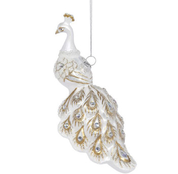 WHITE BEJEWELED PEACOCK ORN