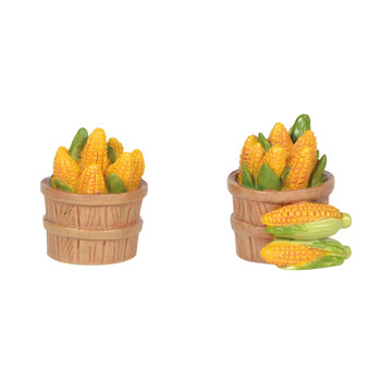 Fresh corn on the cob in country baskets adds a perfect touch to a fall display. Set of 2. This general accessory is hand-crafted, hand-painted, resin.