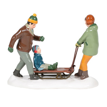 Mom and dad end their day by giving their little one a sled ride home. This Village accessory is hand-crafted, hand-painted, ceramic. Adapter cord included.