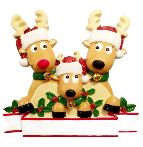 FAMILY OF 3 REINDEER IN SANTA HATS AND HOLLY ORNAMENT - OR1527-3