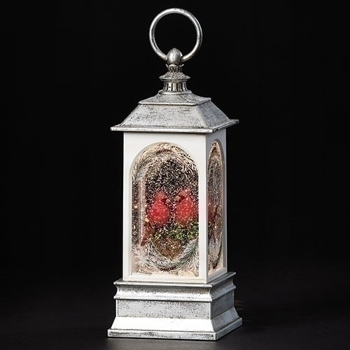 LED SWIRL CARDINAL PAIR ON BRANCH SILVER LANTERN WATER GLOBE - 134997