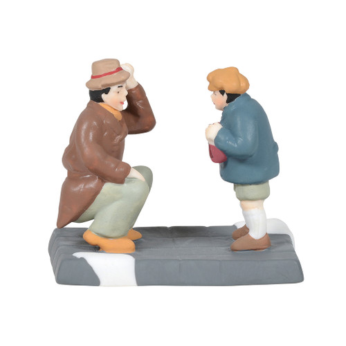 Dad bends down to listen to a long list of wishes from his starry-eyed son this Village accessory is hand-crafted, hand-painted, Porcelain.