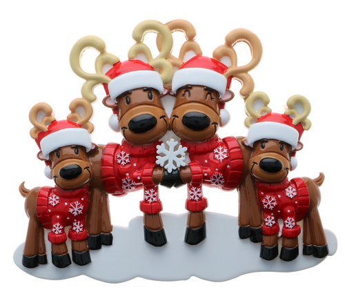 FAMILY OF 4 REINDEER IN RED SNOWFLAKE SWEATER ORNAMENT - OR2256-4 FAMILY OF 4 REINDEER IN RED SNOWFLAKE SWEATER ORNAMENT - OR2256-4