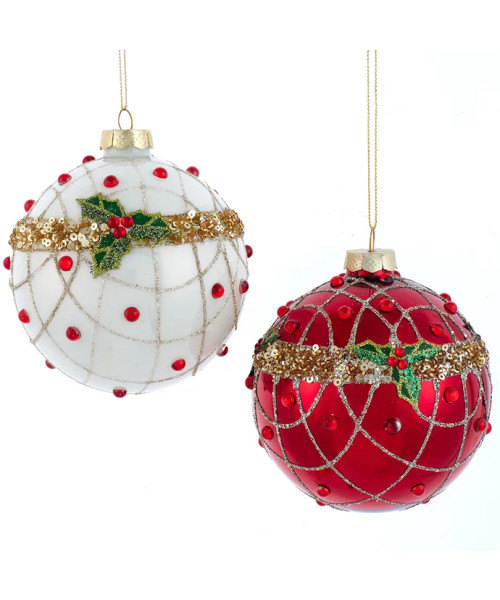 GLASS RED AND WHITE GLITTERED BALL ORNAMENT - F2257