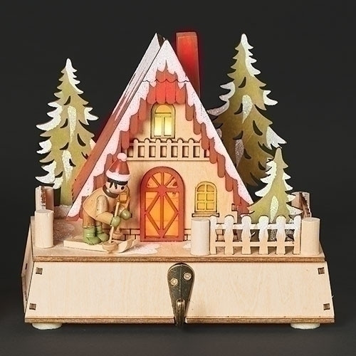 6" LIGHTED CABIN WITH SKIER STOCKING HOLDER - 136537