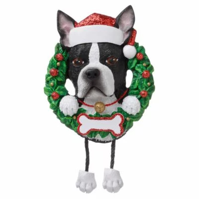 PURE BREED DOG IN WREATH ORNAMENT - BOSTON TERRIER - OR1712-BT