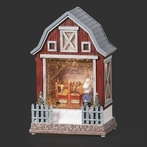 LIGHTED SWIRL SANTA FEEDING REINDEER BARN WATER GLOBE - 137047
