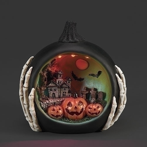 LIGHTED BLACK PUMPKIN WITH HALLOWEEN SCENE - 137171