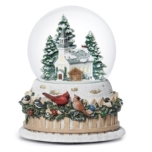 MUSICAL DOME CHURCH WITH BIRDS ON FENCE BASE WATER GLOBE - 137323