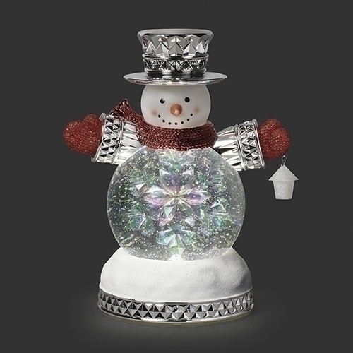 LIGHTED SWIRL SNOWMAN FACETED WITH RED SCARF WATER GLOBE - 137876