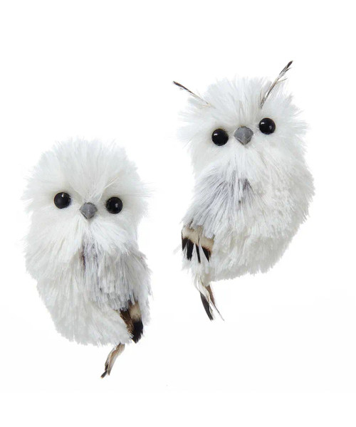 FURRY WHITE AND SILVER OWL ORNAMENT - C2289