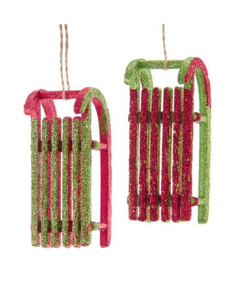 RED AND GREEN GLITTERED SLED ORN - T3660