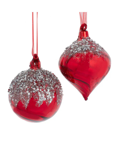 GLASS SHINY RED WITH SILVER GLITTER RIBBED ORNAMENT - F2312