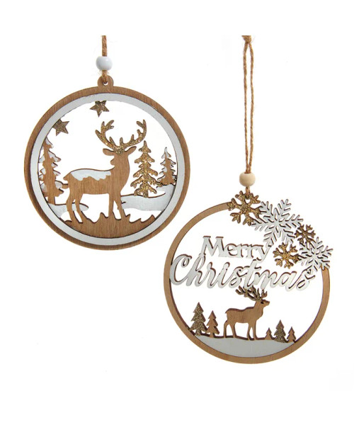 WOODEN ROUND GLITTERED CHRISTMAS SCENE ORNAMENT - D4564